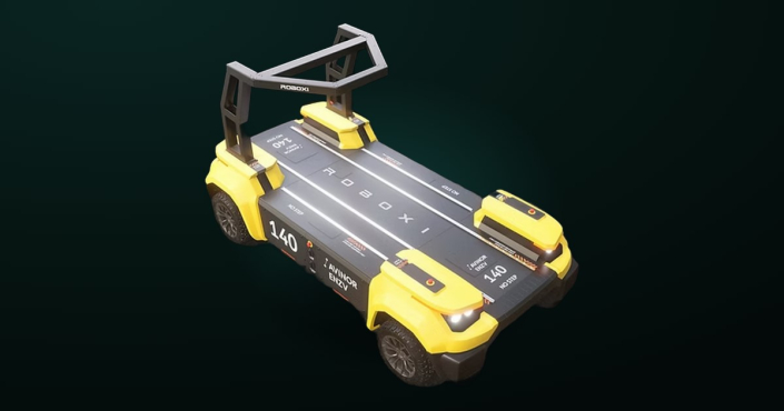 Roboxi robotic platform with four GEM in-wheel drives at an airport, with the title Autonomy starts at the wheel