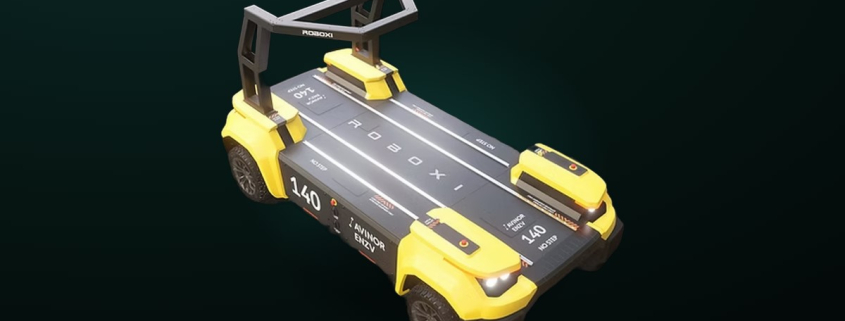 Roboxi robotic platform with four GEM in-wheel drives at an airport, with the title Autonomy starts at the wheel
